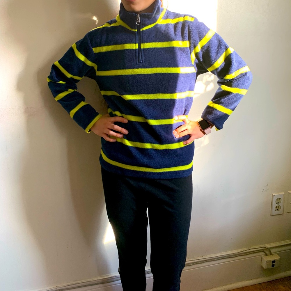 PLACE brand Half-Zip Pullover, M Size, Blue colour with Yellow wide stripes